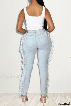 Olivia Mark - Premium Straight-Leg Denim Jeans featuring Delicate Light-Colored Tassel Ripped Accents Casual Bottoms With Tassels, Casual Spring Pants With Tassels, Spring Casual Pants With Tassels, Casual Spring Tassel Pants, Casual High-waist Jeans With Fringe, Cotton Pants With Tassels For Spring, Spring Cotton Pants With Tassels, High Waist Casual Bottoms With Tassels, Casual High-waist Bottoms With Tassels