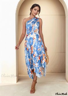 Olivia Mark - Irregular Print One-Shoulder Pleated Maxi Dress with Sleeveless Design and Cinched Waistband Blue One-shoulder Spring Maxi Dress, Blue One Shoulder Dress For Brunch, Blue One Shoulder Dress For Spring Vacation, Blue One-shoulder Dress For Spring Vacation, Spring Blue One Shoulder Dress For Vacation, Summer One Shoulder Sleeveless Party Dress, Sleeveless One-shoulder Summer Dress For Day Out, Summer One Shoulder Sleeveless Dress For Party, Summer Sleeveless One Shoulder Party Dress