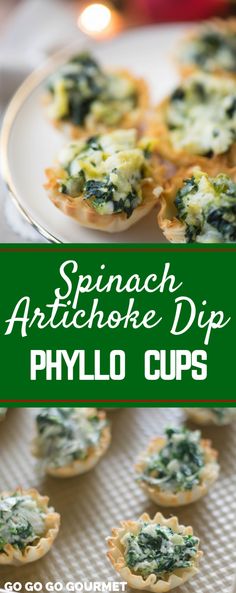 spinach artichoke dip phylo cups on a white plate with text overlay