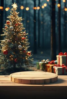 a christmas tree with presents in the background