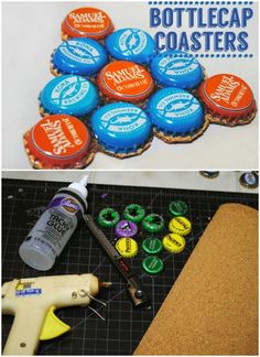 the bottle cap coasters are being made with glue