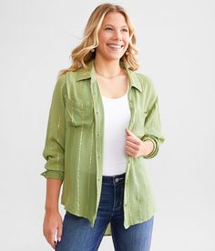 Women's Metallic Striped Shirt In Green By Daytrip., Women's Sage Crinkle woven button down high low hem shirt Bust measures 36 on size small Body length 26 on size small. Layering piece(s) and/or accessories sold separately.. 100% Rayon. Hand wash cold separately. Do not bleach. Line dry. Do not iron.. Measurements: Bust -Fullest part of bust with arms at sides. Waist -Circumference of natural waist: above belly button below rib cage. Hips -Standing with feet together fullest part of hips. WOME Summer Rayon Shirt With Shirttail Hem, Spring Rayon Shirt For Day Out, Green Roll-up Sleeves Shirt For Spring, Spring Green Shirt With Roll-up Sleeves, Green Blouse With Roll-up Sleeves For Spring, Fall Rayon Button-up Shirt, Fall Button-up Rayon Shirt, Spring Rayon Shirt With Button Closure, Spring Rayon Shirt With Shirttail Hem