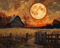 an oil painting of a farm house with the moon in the background