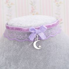 Lilac purple velvet lace choker necklace, bow little crescent moon , cute collar jewelry  ♡ Measurement ♡ lace width 2cm ♡ Length 30cm / 35cm  / 40cm  + 5cm tail White Lace Choker, Moon Cute, Purple Choker, Kitten Play Collar, Purple Accessories, Lace Choker Necklace, Pastel Goth Fashion, Purple Collar, Lace Choker