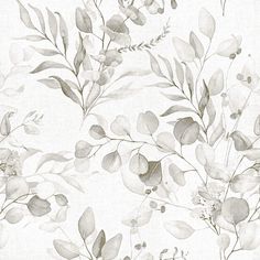 a white and grey floral wallpaper with leaves on the back drop in black and white