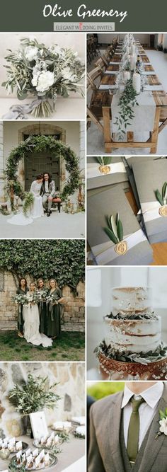 a collage of wedding photos with greenery