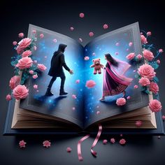 an open book with pink flowers and a man holding a teddy bear