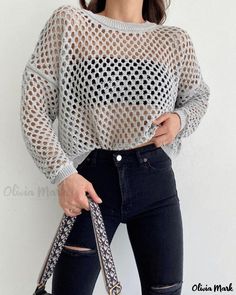 Olivia Mark - Stylish Round Neck Hollow Out Knitted Sweater with Flared Sleeves Knitting Clothes, Knitted Long Sleeve, Sleeveless Sweater Vest, Patterned Cardigans, Cardigan Outfits, Ribbed Turtleneck, Loose Sweater, Crochet Knitting, Knit Outfit