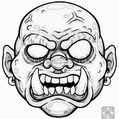 an evil looking cartoon character with big eyes and large teeth, drawn in black and white