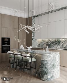 a kitchen with marble counter tops and stools next to an island in the middle