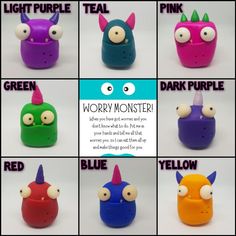 eight different colored monster toys are shown with the words worry monster written below each one