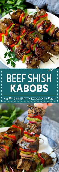 beef shish kabobs on a white plate with green onions and carrots