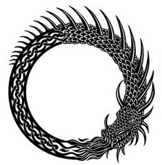 a black and white drawing of a dragon's head in the shape of a circle