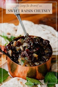 a copper bowl filled with raisin chutney