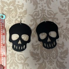 New, Large Yet Lightweight Black Skull-shaped Earrings With Skull Print, Black Skull Print Earrings As Gift, Black Gothic Earrings With Skull Print, Black Skull Earrings For Parties, Nickel Free Black Skull Earrings, Skull Earrings, Black Silver, Silver, Women Shopping