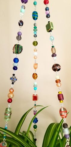 a potted plant sitting next to a multi colored beaded necklace hanging from the ceiling