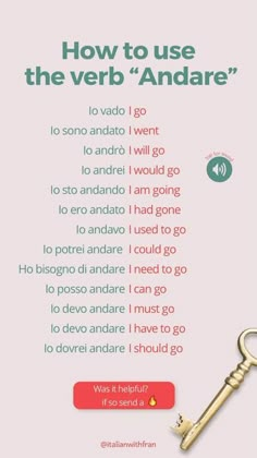 a key with the words how to use the verb'andare'on it