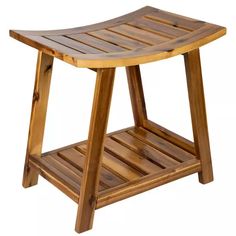 a wooden stool with two shelves on each side and one shelf below it that is made out of wood