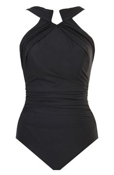 Look 10 pounds lighter in 10 seconds!® A shirred front sculpts the silhouette of this slimming and supportive one-piece topped with a modern neckline. Full back coverage 69% nylon, 31% spandex Hand wash, line dry Imported Sculpting Elastane Swimwear, Elegant Fitted Swimwear For Evening, Elegant Black Swimwear With Ruched Back, Elegant Swimwear With Ruched Back, Elegant Sleeveless Swimwear With Ruched Back, Elegant Solid Color Swimwear With Ruched Back, Fitted Ruched Halter Neck Tankini, Elegant Sleeveless Tankini, Solid Fitted Swimwear With Ruched Bodice