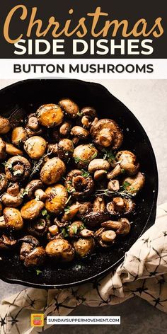 the cover of christmas side dishes button mushrooms