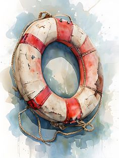 the life preserver is painted in watercolor and has a red stripe on it