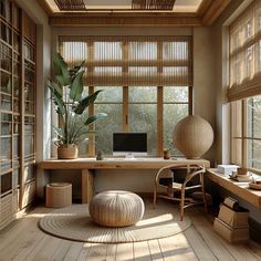 a home office with bamboo blinds and wooden floors, along with a large plant in the corner