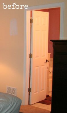 an open door leading to a bedroom with a bed and dresser in the background, before and after