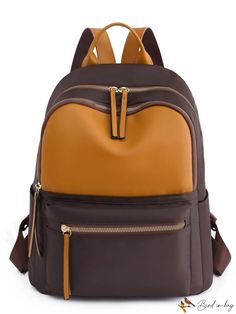 BirdinBag - School Backpack with Dual Tone Design and Practical Zipper Features Brown School Bag With Zipper Closure, School Bag With Zipper In Brown, School Bag With Zipper Closure In Brown, Brown School Backpack With Zipper Pocket, School Backpack With Zipper Pocket In Brown, Brown Softback Shoulder Bag With Zipper Closure, Brown Backpack With Zipper Closure, Back To School Leather Backpack With Zipper, Leather Backpack With Zipper Closure For Students