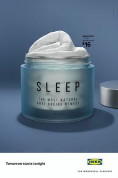 a jar of sleep cream next to a container of tissues on a blue background with the words, tomorrow starts tonight