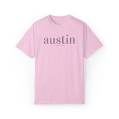 Introducing our Austin Texas Comfort Colors Tee, the perfect minimalist Austin destination t-shirt for all those city explorers out there! Crafted using high-quality fabric, this t-shirt guarantees utter comfort and breathability all day long. With its sleek and simple design, it effortlessly captures the essence of Austin's vibrant spirit. Whether you're a local or a traveler, this Austin Texas Comfort Colors Tee is the ideal addition to your wardrobe, allowing you to showcase your love for Aus Branded Short Sleeve T-shirt For Spring, Spring Season Branded Short Sleeve T-shirt, Spring Short Sleeve Branded T-shirt, Spring Short Sleeve T-shirt With Branding, Comfort Colors Tshirt, Comfort Colors Tee, Austin Texas, Dye T Shirt, Simple Design