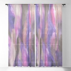 an abstract painting with pink, purple and grey colors on the curtain in front of a white wall