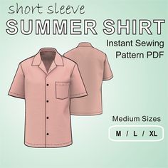 Follow this link for additional sizes: https://www.etsy.com/de-en/shop/mascultory?ref=seller-platform-mcnav&section_id=30424594 A casual short-sleeved button-up shirt designed for hot weather and casual occasions, with a relaxed fit, meant for lightweight, breathable fabric. Features include a long front button placket, short sleeves and a simple one piece collar without stand, perfect for a sleek and unassuming look. The back piece without darts and yokes  allows for uninterrupted seamless prin Seamless Prints, Camp Shirts, Shirt Sewing Pattern, Sewing Instructions, Jumpsuit Jacket, Cape Coat, Camp Shirt, Polo Sweater, Bowling Shirts