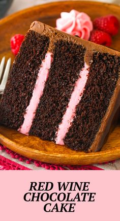 a slice of red wine chocolate cake on a plate