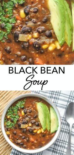 black bean soup in a white bowl with avocado and cilantro on the side