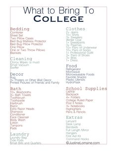 a college student's college dorm room checklist with the words what to bring to college