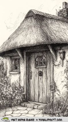 a drawing of a thatched cottage with a stone path leading to the front door