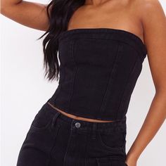 Tall Washed Black Denim Corset Top - Never Been Worn With The Tags Still On It. Trendy Fitted Black Jeans, Black Denim Jeans For Night Out, Trendy Black Fitted Jeans, Chic Black Cropped Jeans, Black Denim Top For Night Out, Trendy Black Denim Top, Fitted Cropped Black Jeans, Black Cropped Cotton Jeans, Cropped Black Denim Jeans