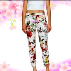 Zara Floral Print Chino Pants Trousers White Floral Print Pants, White Floral Print Trousers, White Floral Print Straight Pants, White Printed Ankle-length Bottoms, White Printed Ankle-length Pants, White Floral Print Ankle-length Bottoms, White Floral Print Ankle-length Pants, White Floral Print Lounge Pants, Casual White Floral Print Bottoms