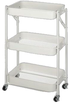 three tiered plastic shelf with wheels and two baskets on the bottom one is white