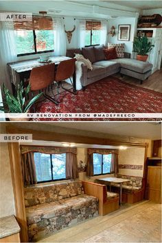 before and after pictures of a living room with couches, dining table and kitchen