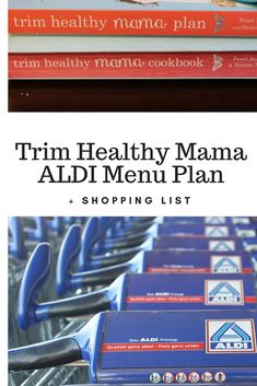 the trim healthy mama aldi menu is displayed in front of several stacks of books