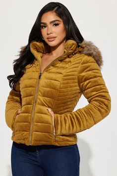 Velvet Puffer Jacket Hooded Removable Faux Fur Front Zipper Zipper Pockets Silver Hardware Shell: 100% Polyester Lining: 100% Polyester  Fur Lining: 100% Polyester Faux Fur: 55% Modacrylic 45% Acrylic   Imported Gold Puffer Jacket, Mustard Yellow Coat, Velvet Puffer Jacket, Yellow Coat, Velvet Fashion, Gold Fashion, Fur Trim, Puffer Jacket, Front Zipper