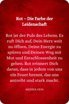 ❤️ Rot – Die Farbe der Leidenschaft und Lebenskraft! ❤️ Rot ist pure Energie – es weckt in uns den Mut, die Stärke und die Liebe zum Leben. Wenn Du Dich kraftlos fühlst oder mehr Leidenschaft in Deinen Alltag bringen möchtest, dann lass Rot Deine innere Flamme entfachen. Diese kraftvolle Farbe erinnert uns daran, dass wir lebendig und voller Potenzial sind.  ✨ Entdecke die Magie der Farben und erfahre auf meinem Blog, wie Farben Deine Energie und Stimmung verändern können.