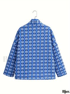 Bjux - All-Over Print Open Front Coat, Stylish Long Sleeve Cotton-Padded Outwear for Women Blue Printed Winter Outerwear, Winter Blue Printed Outerwear, Blue Printed Outerwear For Winter, Cotton Pads, Sleeves Pattern, Sleeve Cotton, Polyester Material, Front Open, Types Of Printing