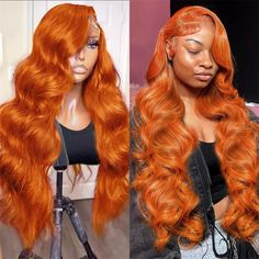 PRODUCT FEATURES Item: HD 13x4 Lace Frontal Wigs Colored Human Hair Wig Ginger Wig Hair Material: Human Hair Wigs Hair Color: Ginger (Different light and shade will produce different color effects) Length: 10 Inches-32 Inches, Healthy and Thick Base Material: Transparent 13x4 Lace Wig Density: 150% -180%(If need higher density, please contact customer service) Cap Size: 22-22.5 inches. the cap can be adjusted freely with adjustable straps and combs Natural Hairline: Bleached Knot Well Together W Hair Color Orange, Cheap Wigs, Hair Color Burgundy, Ginger Hair Color, Best Wigs, Colored Wigs, Burgundy Hair, Body Wave Hair, Hair Quality