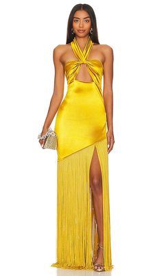 Find BRONX AND BANCO Bali Gown In Yellow on Editorialist. Bronx and Banco Bali Gown in Yellow. - size S (also in L, XL, XS) Bronx and Banco Bali Gown in Yellow. - size S (also in L, XL, XS) Self: 100% polyester Lining: 95% polyester 5% elastane. Made in China. Dry clean only. Unlined. Crossover halterneck strap with hook and eye closure. Hidden back zipper closure. Charmeuse fabric with tonal chainette hem. BROR-WD594. BB-19-076. Launched in 2009, Bronx and Banco encapsulates a sophisticated, ch Luxury Gold Maxi Length Evening Dress, Luxury Gold Gown For Gala, Yellow Silk Floor-length Evening Dress, Luxury Gold Cocktail Gown, Gold Gown For Cocktail Gala, Gold Cocktail Gown For Gala, Glamorous Yellow Floor-length Evening Dress, Yellow Satin Party Gown, Yellow Satin Gown For Party