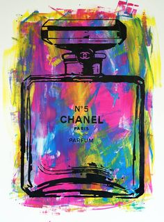 a painting of a chanel perfume bottle with colorful paint splattered on it