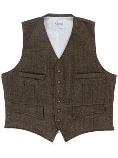 "Our new Granville waistcoat is inspired by original vintage 1930s - 1940s era waistcoats from our own archive collection. This classic cut of waistcoat is shorter in the body, to wear with high-waisted trousers. It's made of a brown herringbone wool weave, and features a six-button fastening, with brown mother-of-pearl effect buttons. A highly-requested Revival own-brand classic, this authentically styled men's vest is designed to be worn with a matching pair of our Granville notch-back trouser Classic Single-breasted Vest For Fall, Classic Fall Vest With Buttons, Vintage Workwear Vest Outerwear, Vintage Fitted Sleeveless Outerwear, Fitted Sleeveless Vintage Outerwear, Tailored Vintage Winter Vest, Tailored Brown Vest With Button Closure, Classic Winter Vest With Buttons, Tailored Vintage Fall Vest