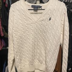 Sweater Never Worn, It’s Too Big For Me! It’s Clean With No Stains/Tears/Odors White Sweater For Women, Casual Winter White V-neck Sweater, White Cable Knit Long Sleeve Polo Sweater, Casual Long Sleeve Cable Knit Polo Sweater, White V-neck Knit Polo Sweater, Casual White V-neck Long Sleeve Sweater, White Knitted Long Sleeve Polo Sweater, White Cozy Long Sleeve Polo Sweater, White Long Sleeve Cozy Polo Sweater