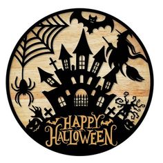 a happy halloween sign with bats, pumpkins and spiderweavers on it